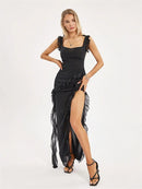 Sexy Elegant Long Dress Women Frill Trim Spaghetti Strap Square Neck Split Dress Ladies Summer Evening Party Vintage Dresses