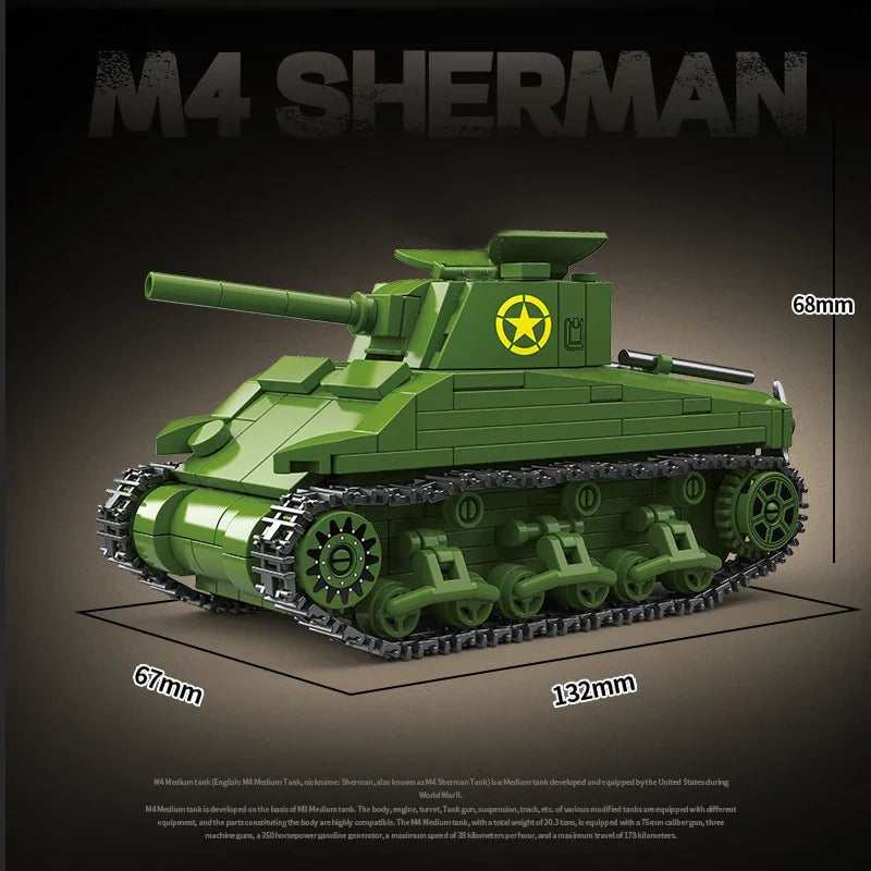 World War II WW2 Classic Model Mini M4 Sherman Medium Tank Building Blocks Bricks Toys Gifts