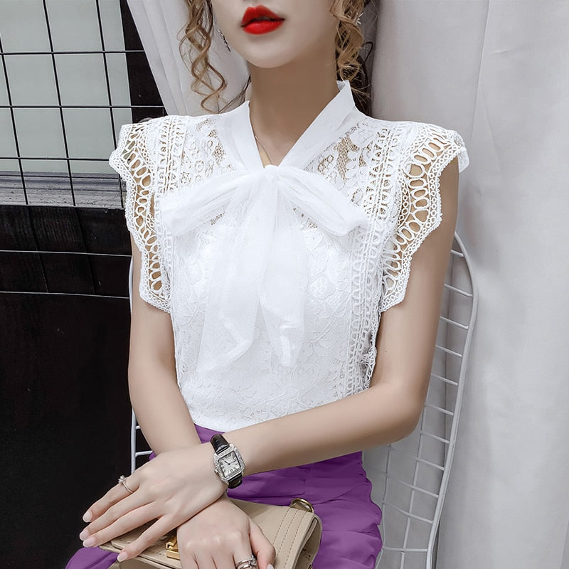 Solid Hollow Out Shirt Korean Fashion Clothing Vintage Sleeveless 2023 Womens Tops and Blouses Lace Patchwork Blusas 9811