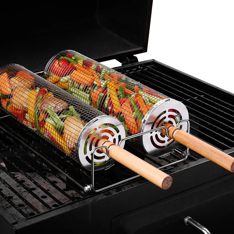 Stainless Steel Grill Basket with Wood Handle Scald Proof BBQ Rolling Grilling Basket Outdoor Camping BBQ Rack Grill Accessories