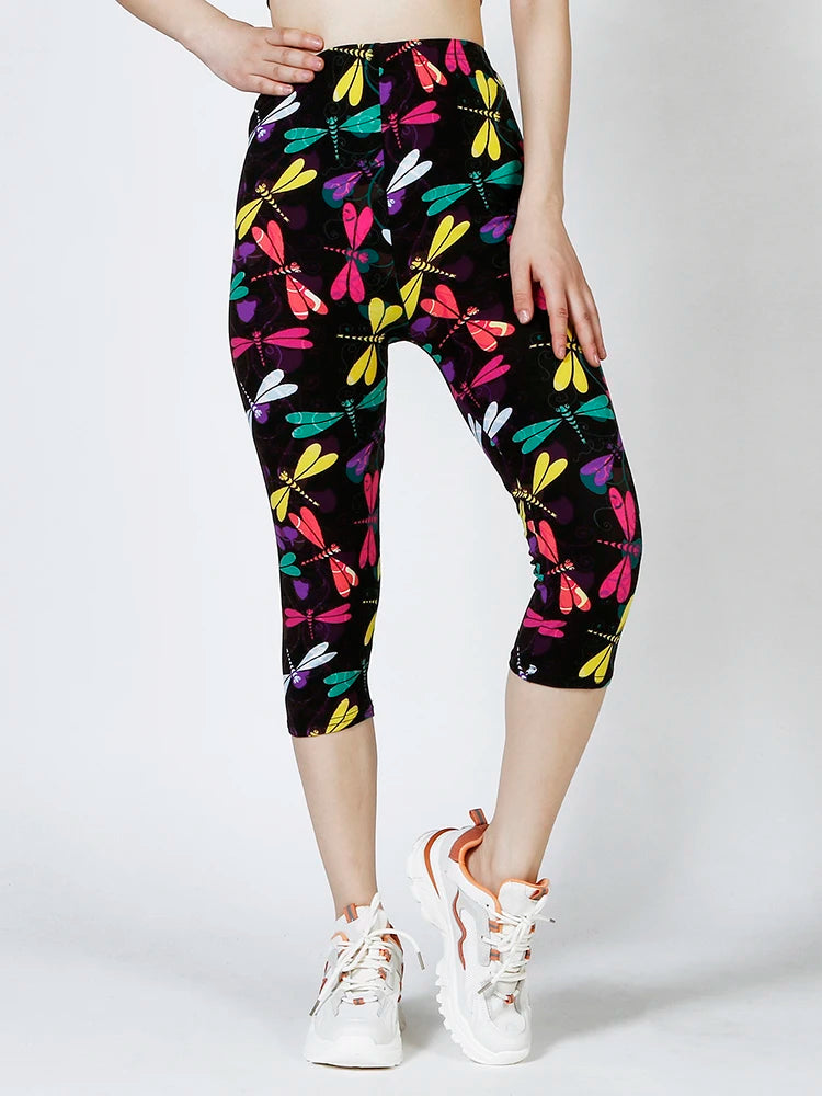 CUHAKCI New Colorful Dragonfly Printing Leggings Women Tights Gym Mujer Summer Female Capri Casual Ladies Pencil Pants S-2XL