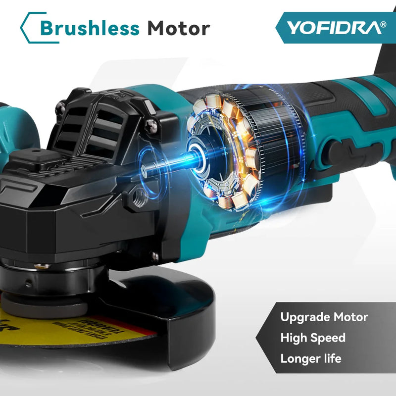 YOFIDRA M14 125mm Brushless Angle Grinder 2000W Cordless Grinding Machine Cutting Home DIY Power Tool For Makita 18V Battery Pin