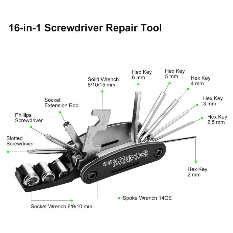 Bicycle Tire Repair Tool Kits 16 in 1 Multifunction Mechanic Fix Tools Set Bag Portable Tyres Patch Kit Bike Maintenance Tool