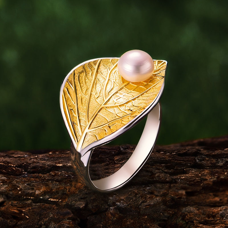 Lotus Fun Real 925 Sterling Silver Natural Pearl Handmade Designer Fine Jewelry Creative Open Ring Leaf Rings for Women Bijoux