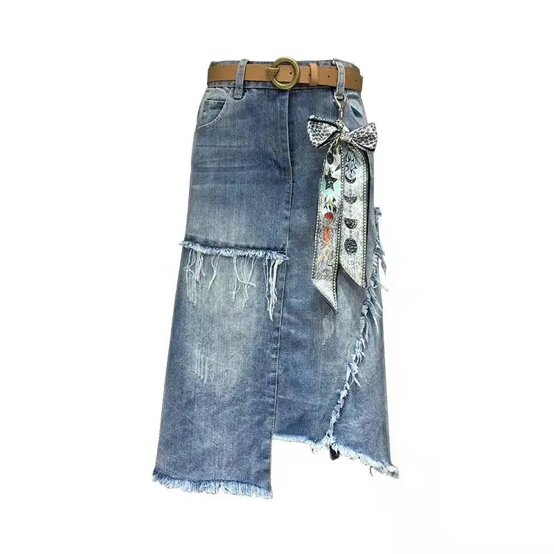 S-5XL Women Denim Skirt Spring Summer 2024 Fashion Casual Medium-long Package hip Irregular hem Slim Waist Skirts Jeans  Female