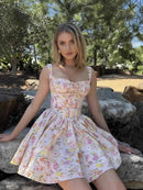 Boho Inspired floral print mini dress for women pintuck details sexy summer dress straps cute hot girl party dresses holiday