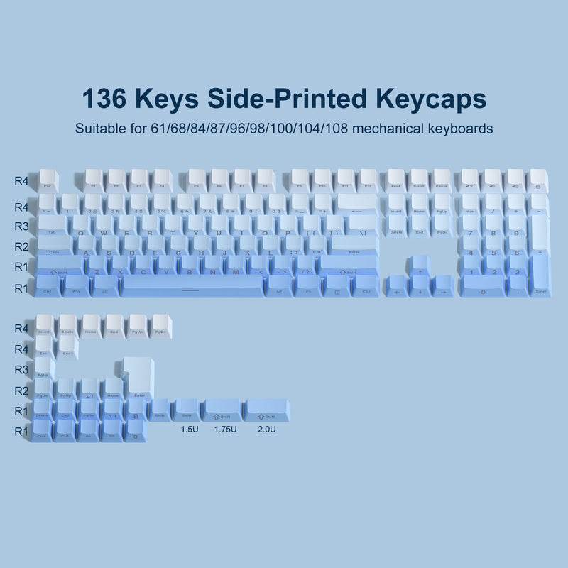 Gradient Purple Double Shot PBT Keycaps Cherry/OEM Profile 136 Keys Side Printed Keycaps for Gateron Cherry MX Switches Keyboard