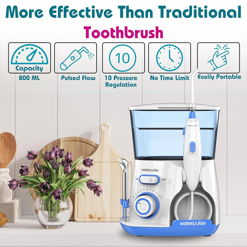 Waterpulse Electric Water Flosser Oral Irrigator, 800ML Large Capacity Dental Water Hygiene Flossing Teeth Cleaner with 5x Tips