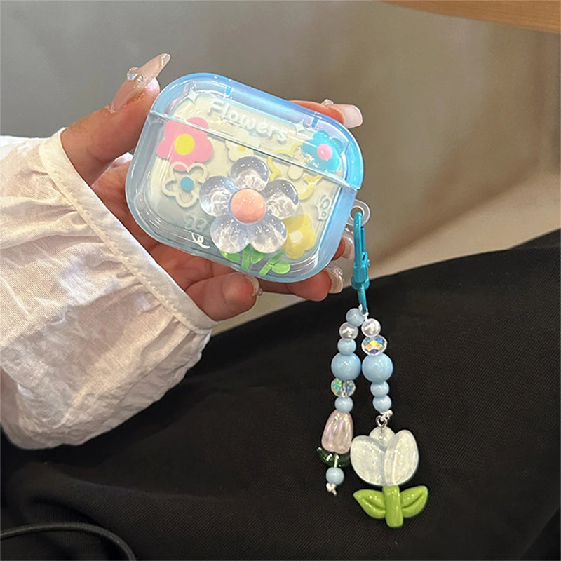 Korean Cute Blue Flower Headphones Case For AirPods 1 2 3 With Tulip Beads Pendant Protective Shell Soft Cover For AirPods Pro 2