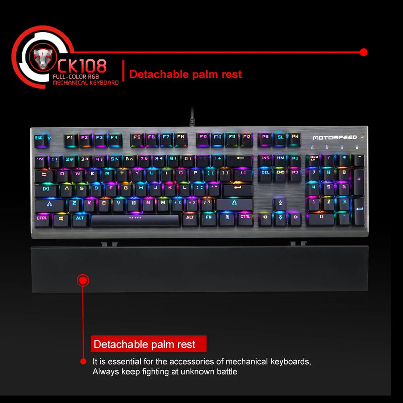 Motospeed CK108 Mechanical Keyboard 104 Keys Wired RGB Backlit Computer Desktop Office Gaming Keyboard For PC Laptop