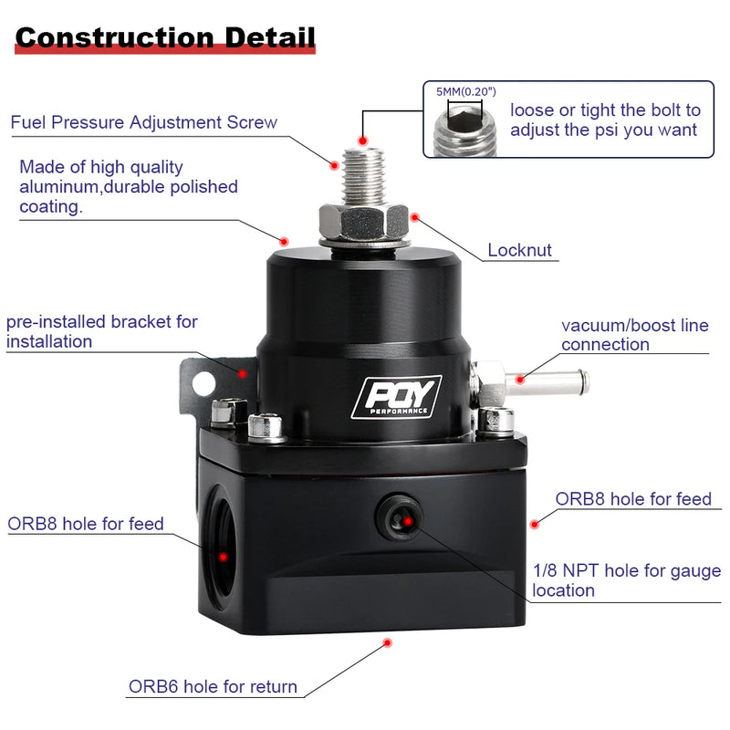 LIZHI RACING - AN8 high pressure fuel regulator w/ boost - 8AN 8/8/6 EFI Fuel Pressure Regulator with gauge LZ7855