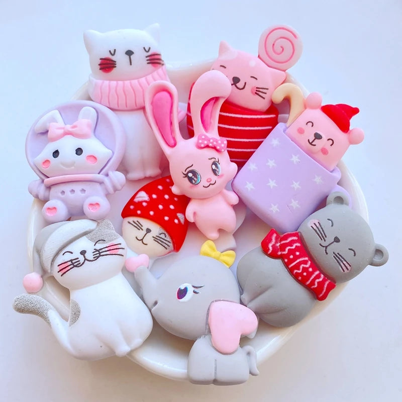 10Pcs New Cute Mini Cartoon Cat, Rabbit, Bear Resin Flatback Cabochon Ornament Jewelry Making Hairwear Accessorie