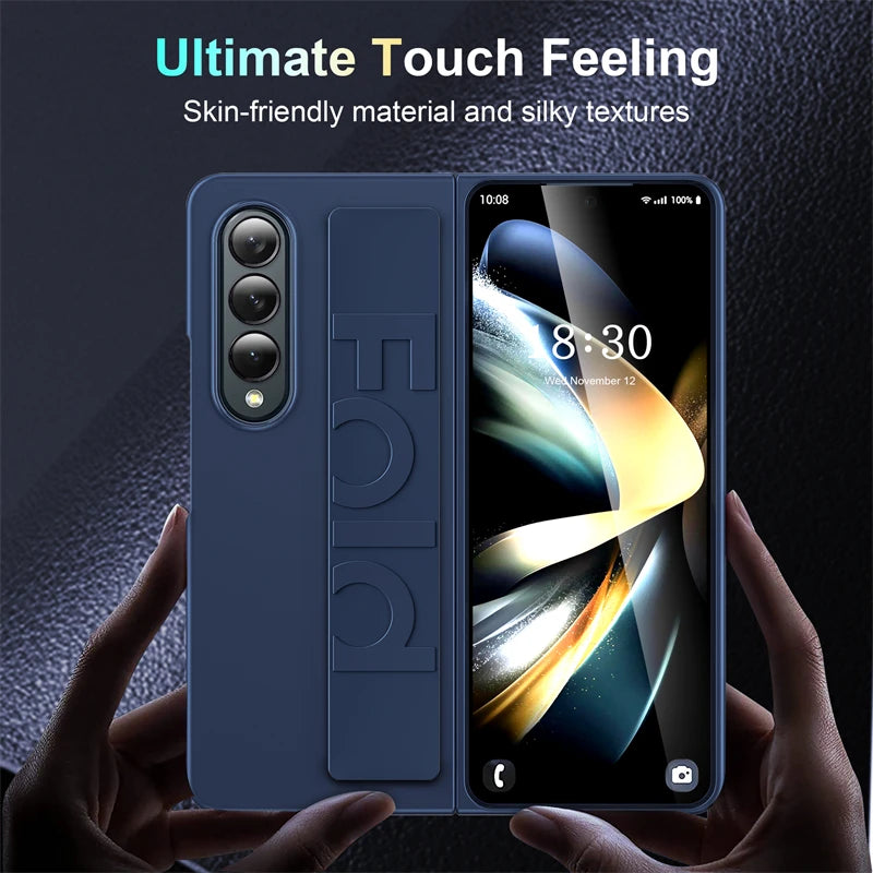Luxury Silicone Elastic Wrist Strap Folding Case For Samsung Galaxy Z Fold 5 4 3 5G Ultra Thin Matte Clear Shockproof Hard Cover