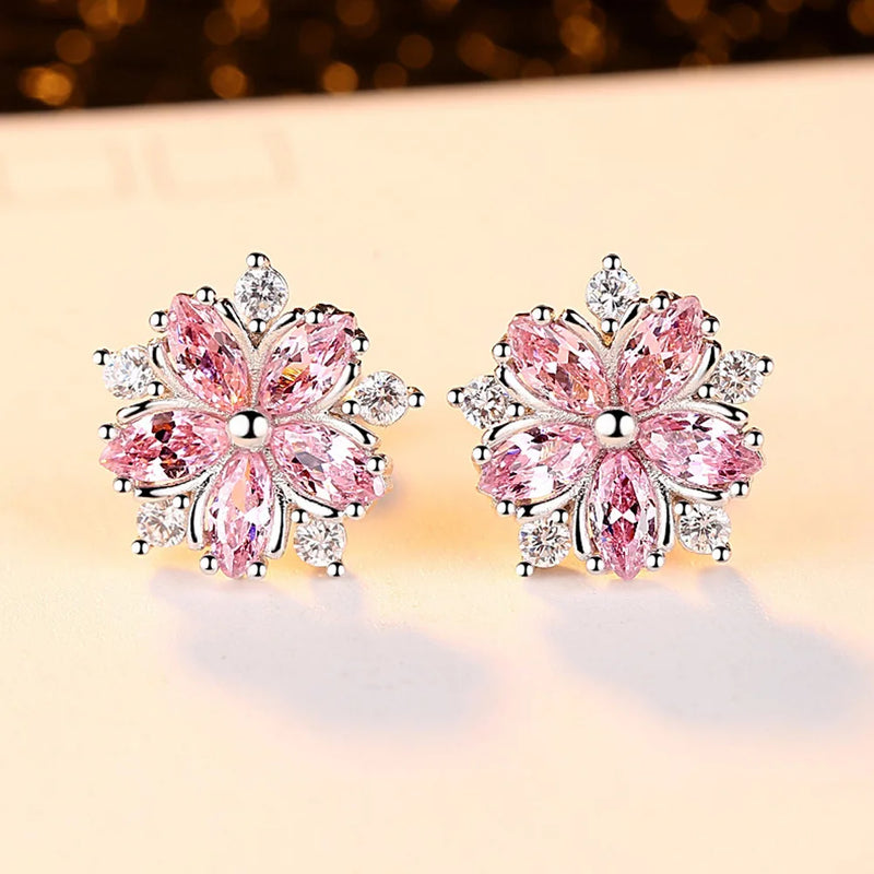 Cute Romantic Clear Zircon Flower Shape Simple Stud Earrings with Silver Color Cubic Zirconia Studs Ear for Women Party Wedding