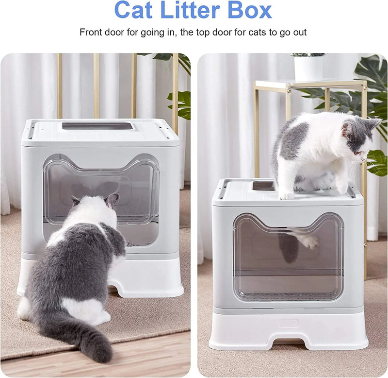 Front Entry Top Exit Cat Litter Tray Box with Scoop and Drawer Foldable Hooded Kitty Pet Toilet Extra Large