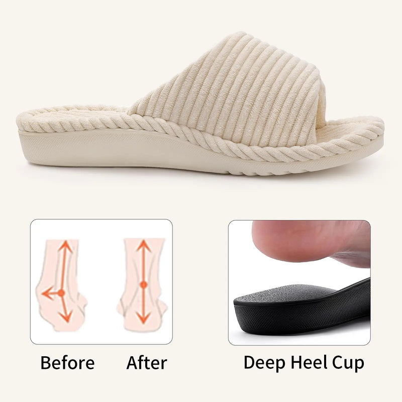 Comwarm Orthopedic House Slippers For Women Adjustable Indoor Slippers Fashion Open Toe Corduroy Bedroom Slides Fur Cotton Shoes