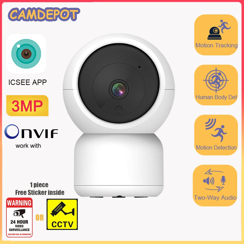 Camdepot 3MP IP Camera Onvif For NVR Area Alarm 2.4Ghz WiFi Camera AI Track Humanoid Detect Two Way Audio PTZ Baby Monitor ICSEE