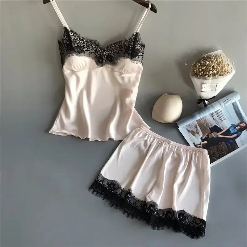 Women's Ice Silk Pajama Suits Fashion V-Neck Lace Stretch Satin Seamless Sexy Lingerie Homewear Pyjamas Shorts Set Sleepwear New