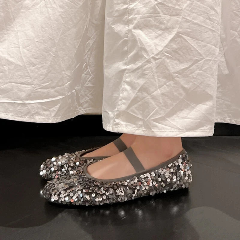 JOZHAMTA Size 34-43 Women Sparkly Glitter Ballet Flats Shoes Soft Sequin Low Heels Shoes 2025 Spring Dance Bling Bling Ins Dress