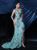 Missord New Blue Church Dress V Neck Sequin Split Evening Gown Wedding Birthday Party Ground Length Formal Occasion Dresses