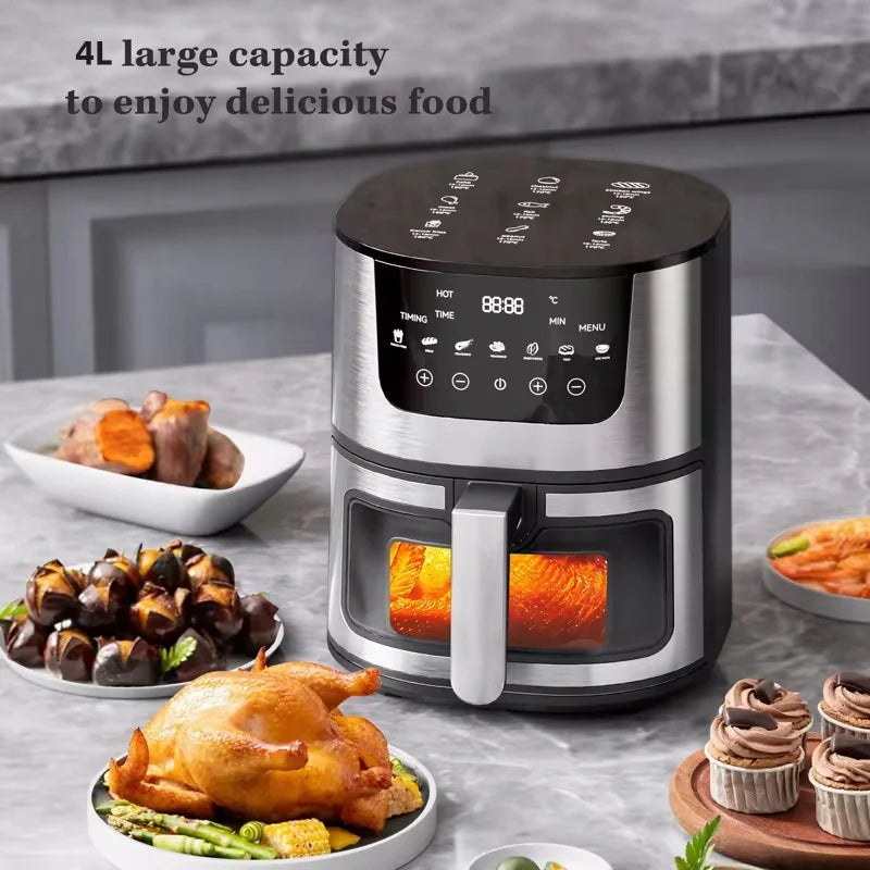 2024 New 4L Large Capacity Household Automatic Intelligent Air Fryer Visual Window Design Touch Screen Stainless Steel Oven