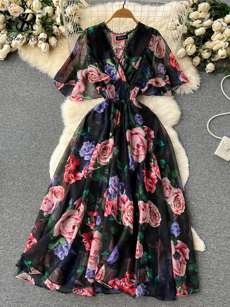 SINGREINY 2023 Print Chiffon Dress Summer V Neck Elastic Sheath Long Temperament Butterfly Sleeve Fashion Floral Beach Dress
