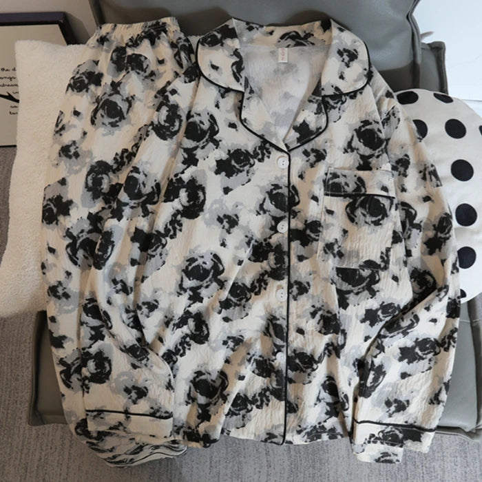 Flower Print Women Autumn Two Piece Pajama Set Long Sleeve V Neck Top & Elastic Waist Pants 2 Pieces Female Sleepwear Nightwear