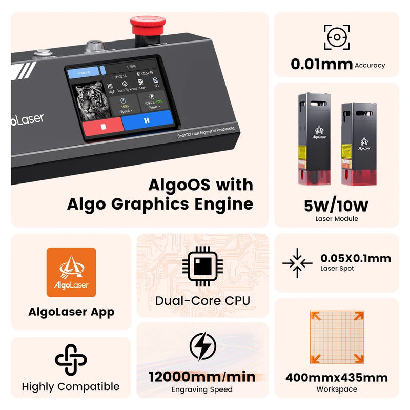 AlgoLaser Laser Engraver DIY MK2 10W 3.5” Color Touch Screen App Offline Control DIY Engraver Tool for Metal/Glass/Wood Engrave