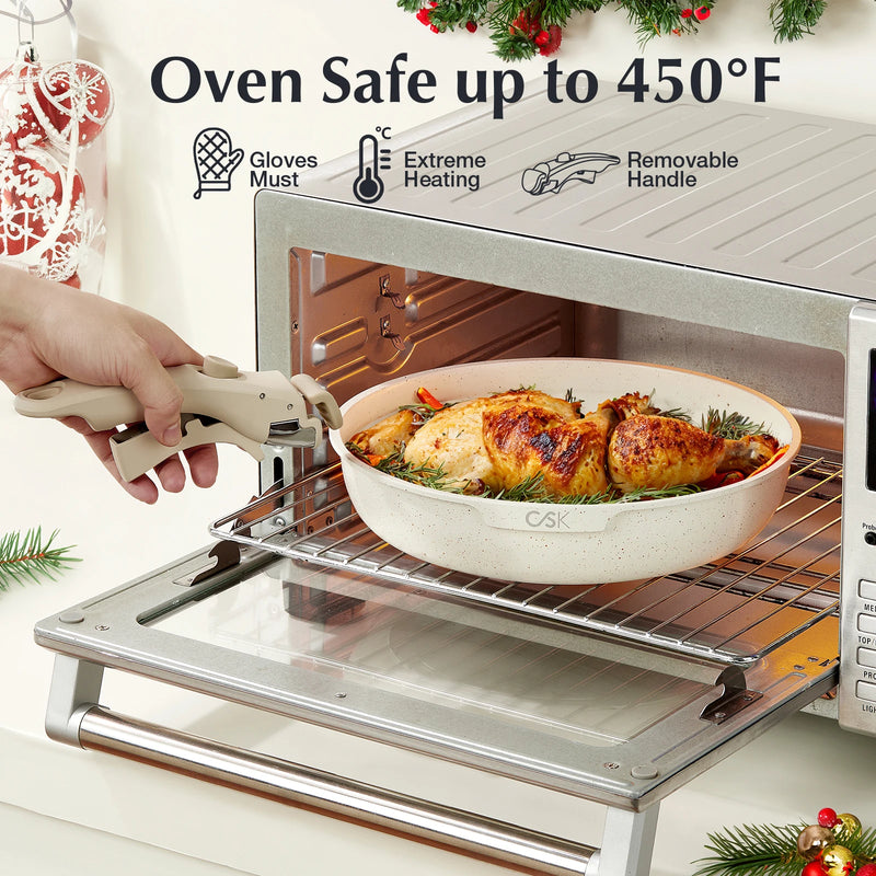 17 Piece Nonstick Skillet and Saucepan Set with Silicone Lid and Utensils Induction, Detachable Handle, Oven Available, Beige