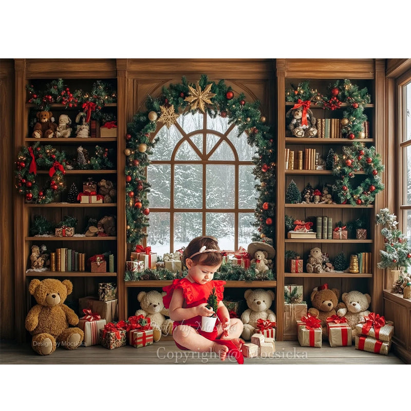 Christmas Toy Bear Gift Room Background Photography Kids Baby Show Wooden Bookshelf Window Backdrop Winter Xmas Tree Gift Booth