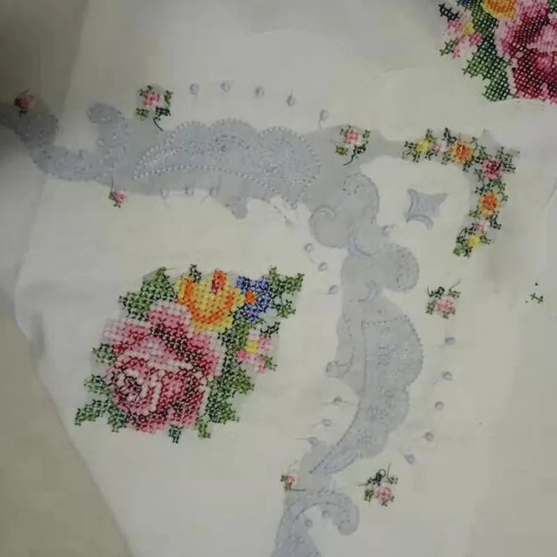 Handmade Rose flower Cross stitch cotton white table cover cloth towel Christmas tablecloth wedding party home New Year decor