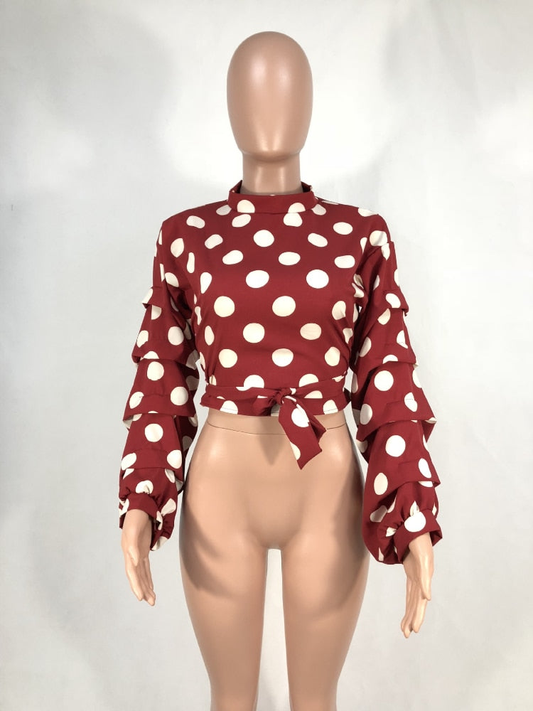 Women Polka Dot Blouses Tops Black Sashes Long Puff Sleeves White Red Big Size XXXL Ladies Fashion Casual Spring Summer Bluas