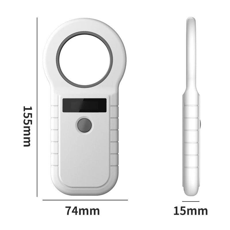 Portable pet ID reader for dogs, cats, and pigs with 134.2KHz/125KHz RFID, EMID/FDX-B, ISO11784/85 support, and 128 data storage