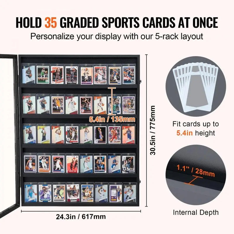 35 Graded Sports Card Display Case 24.3x30.5x2.1in UV Clear View PC Glass Lockable Wall Mount Cabinet for Baseball