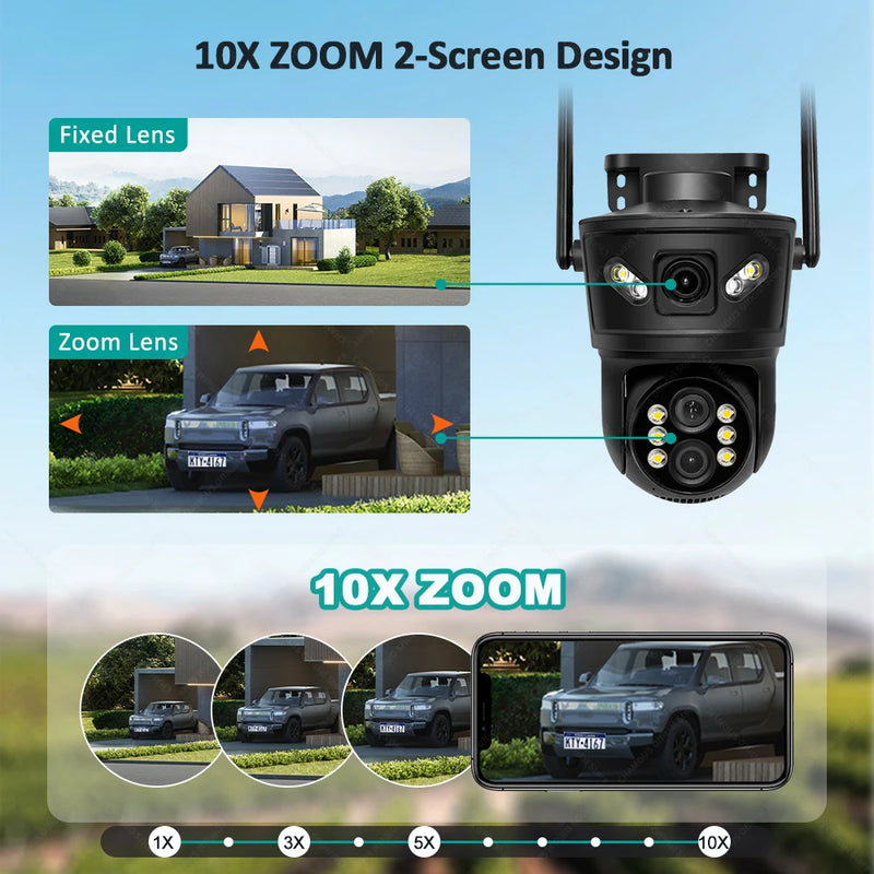 12MP 6K WiFi Camera Outdoor Surveillance 10X Zoom Three Lens Dual Screen Mini Video Cam Auto Tracking Security Protection CCTV