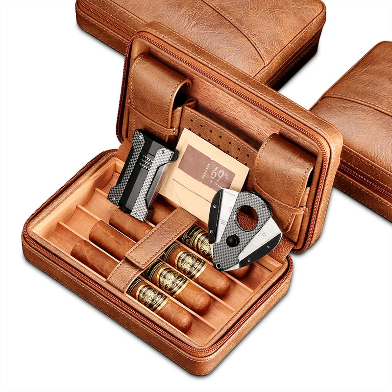 GALINER Cigar Humidor Box Travel Leather Cigar Case Cedar Wood Lined W/wo Lighter Cigar Cutter Humidity Control Pack For Humidor