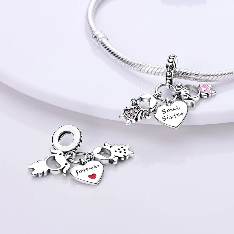 Silver Plated Boy Girl Couple Lovers Beads Charms Zirconium Dangle Fit Original Pandora Bracelet Necklace Jewelry Women