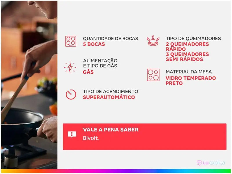 Cooktop 5 Gas Bits LPG Consul Tempered Glass-Bivolt