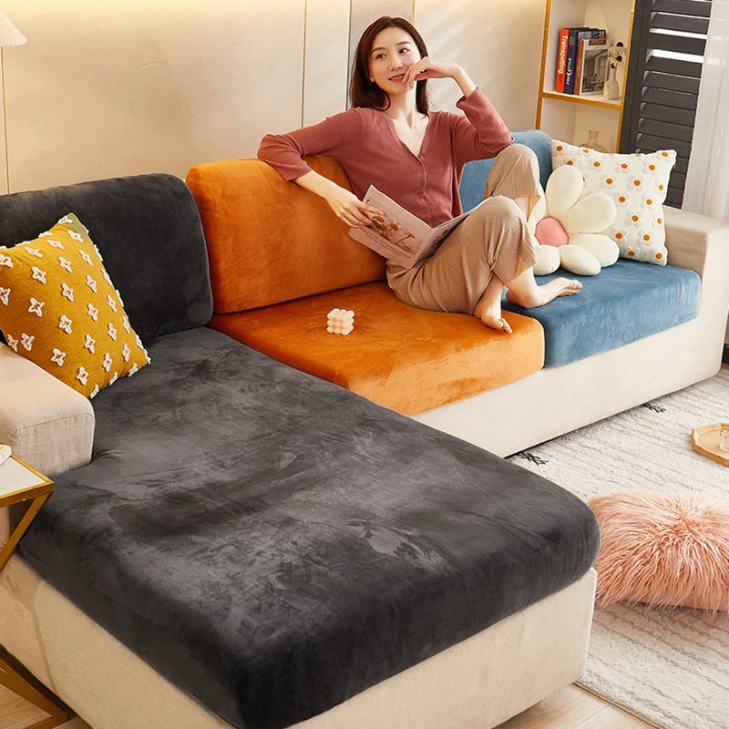 Velvet Sofa Cushion Cover Living Room Corner Sectional Sofa Seat Cover 200gsm Thicken Elastic Furniture Cushion Protector