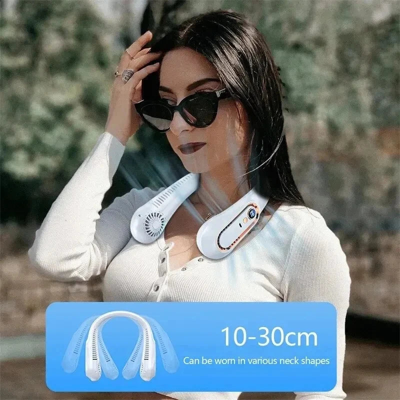 Mini neckless fan, long-lasting silent portable device, USB charging, digital screen, 5-speed. Essential for summer outdoor trav