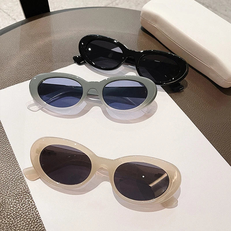 SO&EI Ins Popular Fashion Oval Sunglasses Women Retro Rivets Decoration Brand Designer Men Cat Eye Blue Sun Glasses