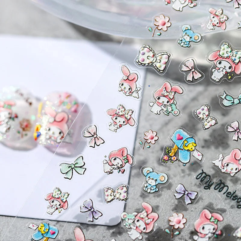 1PCS 5D Cartoon Kuromi Hello Kitty Nail Stickers Sanrio Animation Nail Art Decoration Sanrio Cute Melody Embossed Stickers