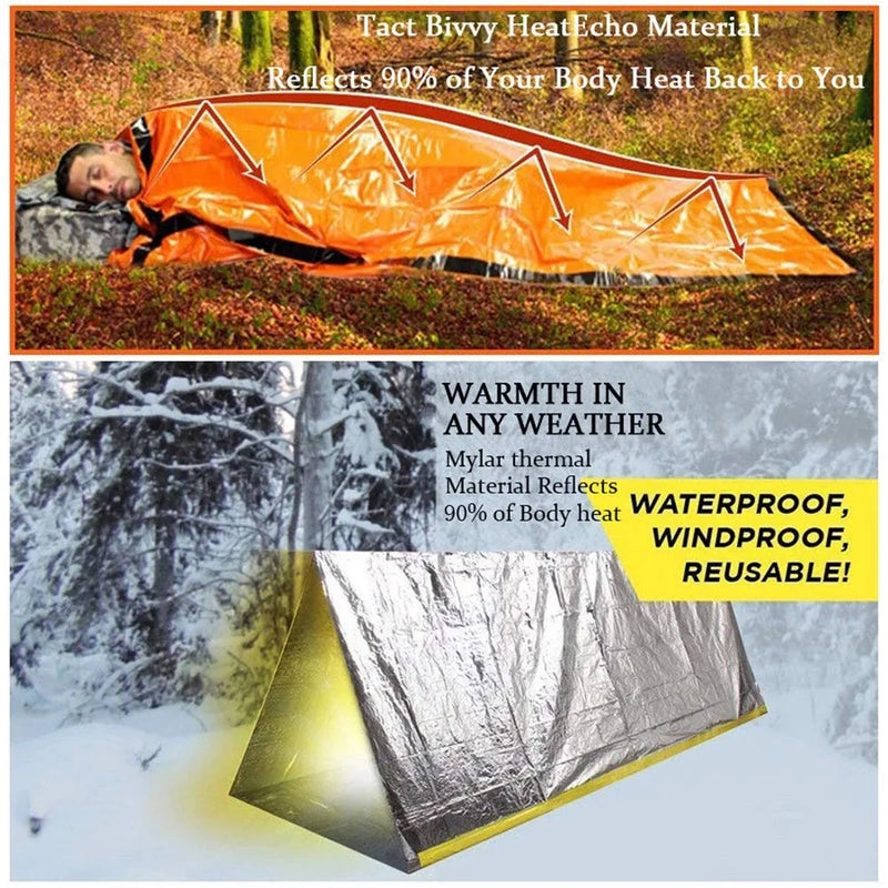 Portable Waterproof Emergency Survival Sleeping Bag Outdoor Edc Camping Gear Thermal Sack First Aid Rescue Kit Mylar Blanket