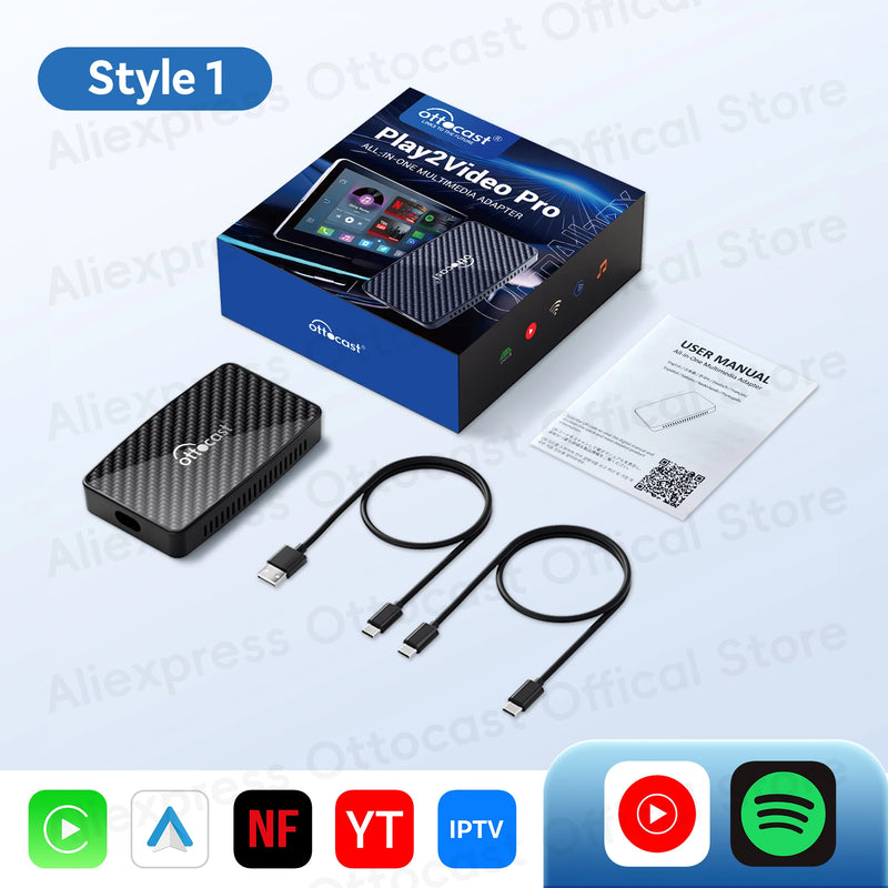 OTTOCAST Play2Video Pro Wired to Wireless CarPlay Android Auto Adapter TV Video AI Box for Youtuber for Netflix Car Accessories