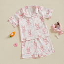 Kids Easter Satin Pajamas Set with Bunny Print Short Sleeve Lapel Button Down Tops and Shorts Sleepwear for Boys and Girls