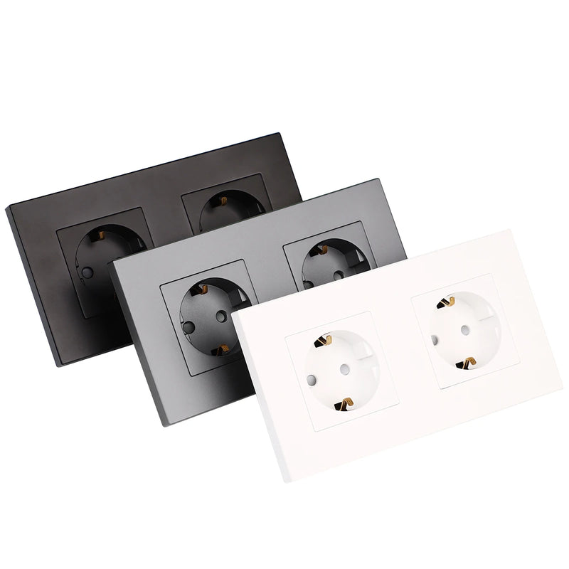 Bingoelec EU Double Sockets 2gang Power socket 16A electrical plug grounded 157*86mm pc wall Electrical Sockets Black white grey