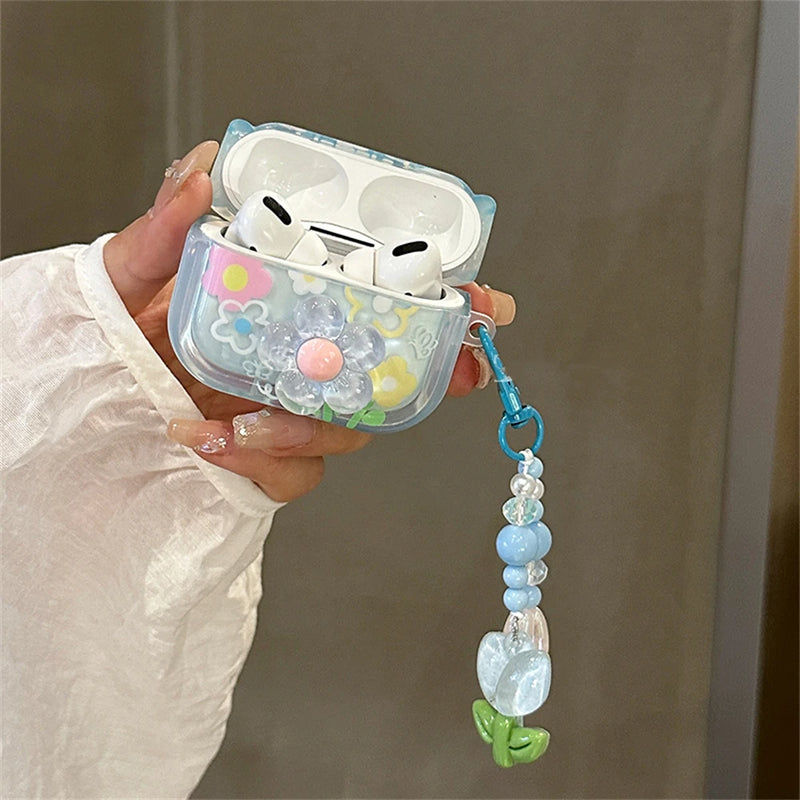 Korean Cute Blue Flower Headphones Case For AirPods 1 2 3 With Tulip Beads Pendant Protective Shell Soft Cover For AirPods Pro 2