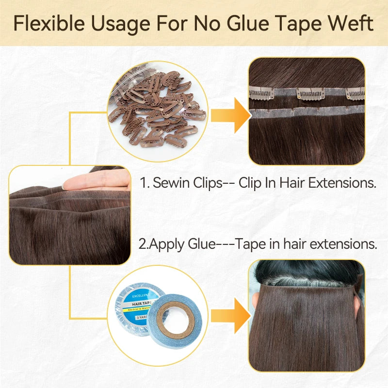 Invisible Long Tape PU Weft Human Hair Bundles Real Natural Hair Seamless & No-Glue Injected Tape In Hair Extensions Thick Ends