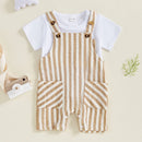 Toddler Boy s Summer Set Short Sleeve Crew Neck Tee with Striped Overall Shorts Cute Baby Boy Outfit for Warm Weather