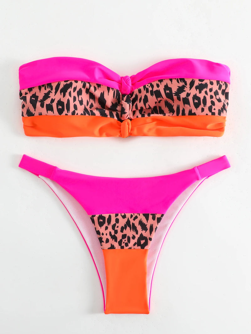 Sexy Bandeau Bikini Women Hot Pink Leopard Print Contrast Front Tie Push Up Micro Swimsuit 2024 Bathing Suit Triangle Swimwear